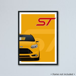 Illustrazione di auto d'arte Ford Focus ST mk3 stampata su carta bianca opaca - tutti i colori esterni reali con personalizzazione