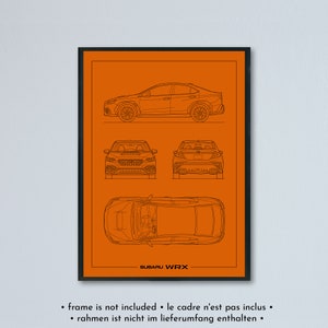 Illustrazione tecnica della Subaru WRX 2022 stampata su carta bianca opaca - 8 colori di sfondo | schizzo di progetto VB