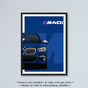 Illustrazione della BMW X3 M40i e M40d G01 stampata su carta bianca opaca - tutti i colori esterni con personalizzazione | poster del lifting
