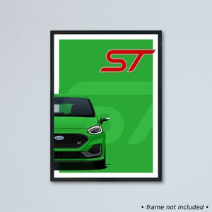 Illustrazione di auto artistica Ford Fiesta ST mk8,5 restyling stampata su carta bianca opaca - tutti i colori esterni reali con personalizzazione | VIII2022