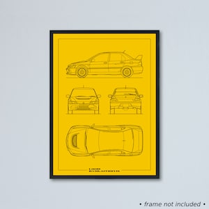 Illustrazione tecnica Mitsubishi Lancer Evolution IX stampata su carta bianca opaca - 7 colori di sfondo | progetto schizzo Evo 9 GSR MR rs