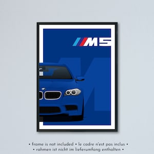 BMW M5 F10M e LCI + Illustrazione della competizione stampata su carta bianca opaca - tutti i colori esterni con personalizzazione | poster