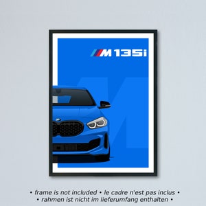 Illustrazione della BMW M135i F40 stampata su carta bianca opaca - tutti i colori esterni con personalizzazione | 1 serie 1er 128ti stampa poster