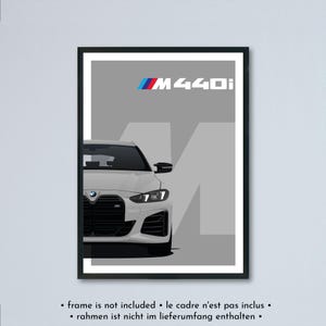 Illustrazione della BMW M440i e M440d GranCoupe LCI G26 stampata su carta bianca opaca - tutti i colori esterni con personalizzazione | Poster della serie 4