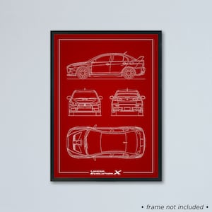 Illustrazione tecnica Mitsubishi Lancer Evolution X stampata su carta bianca opaca - 7 colori di sfondo | schizzo del progetto Evo 10 GSR MR