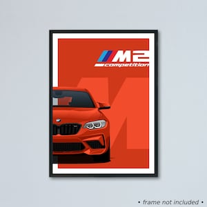 Illustrazione BMW M2 Competition e M2 CS F87 stampata su carta bianca opaca - tutti i colori esterni con personalizzazione | stampa poster coupé