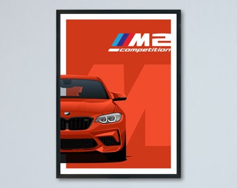 BMW M2 Competition & M2 CS F87 illustration printed on matte white paper - all exterior colors with personalization | coupe poster print