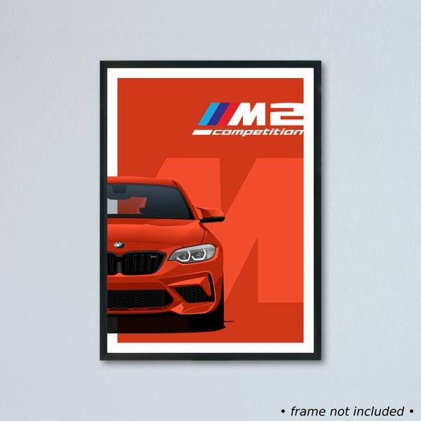 Illustration BMW M2 Competition & M2 CS F87 imprimée sur papier blanc mat - toutes les couleurs extérieures avec personnalisation | impression d’affiche de coupé