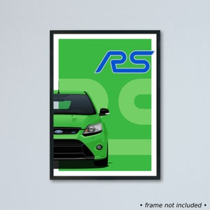 Illustrazione artistica della Ford Focus RS mk2 stampata su carta bianca opaca - colori esterni reali + RS500