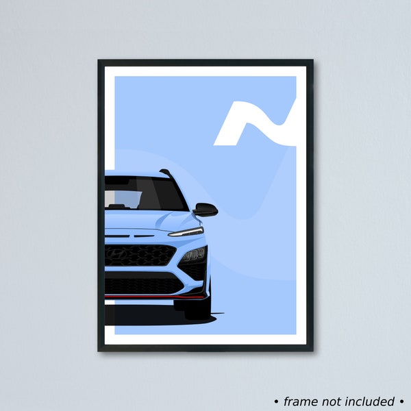 Hyundai Kona N art car illustration printed on matte white paper - all 8 real exterior colors