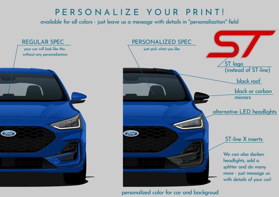 Ford Focus ST-line facelift mk4,5 art car illustration printed on matte  white paper all real exterior colors with personalization 2021 -   Polska