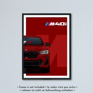 Illustrazione della BMW X4 M40i e M40d LCI G02 stampata su carta bianca opaca - tutti i colori esterni con personalizzazione | poster del lifting