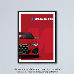 Illustrazione della BMW M440i e M440d GranCoupe G26 stampata su carta bianca opaca - tutti i colori esterni con personalizzazione | Poster della serie 4er