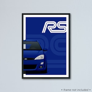 Illustrazione artistica della Ford Focus RS mk1 stampata su carta bianca opaca - colore esterno reale
