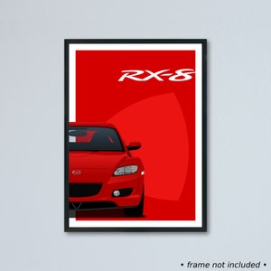 Illustrazione della Mazda RX-8 stampata su carta bianca opaca: tutti i colori esterni reali con personalizzazione