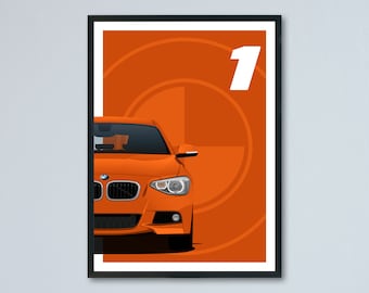 BMW 1-series M-Sport F20 & F21 illustration printed on matte white paper - all real exterior colors with personalization | 1er 118i 118d
