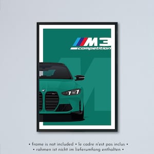 Illustrazione della BMW M3 G80 LCI + Competition & Touring stampata su carta bianca opaca - tutti i colori esterni con personalizzazione | Restyling G81