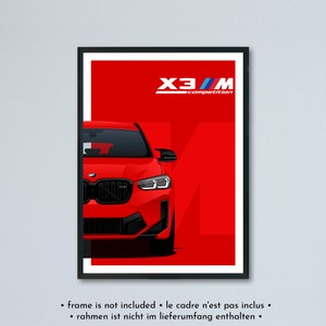 Illustrazione della BMW X3 M LCI F97 + Competition stampata su carta bianca opaca - tutti i colori esterni con personalizzazione | poster del lifting
