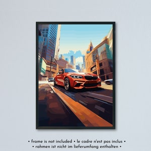 BMW M2 Competition F87 guida in città - illustrazione stampata su carta bianca opaca - tutti i colori esterni | auto d'arte stampa poster
