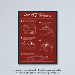 Mazda MX-5 Miata NC - Illustrazione "5 passi verso la felicità" stampata su carta bianca opaca - 8 colori di sfondo | schizzo di progetto