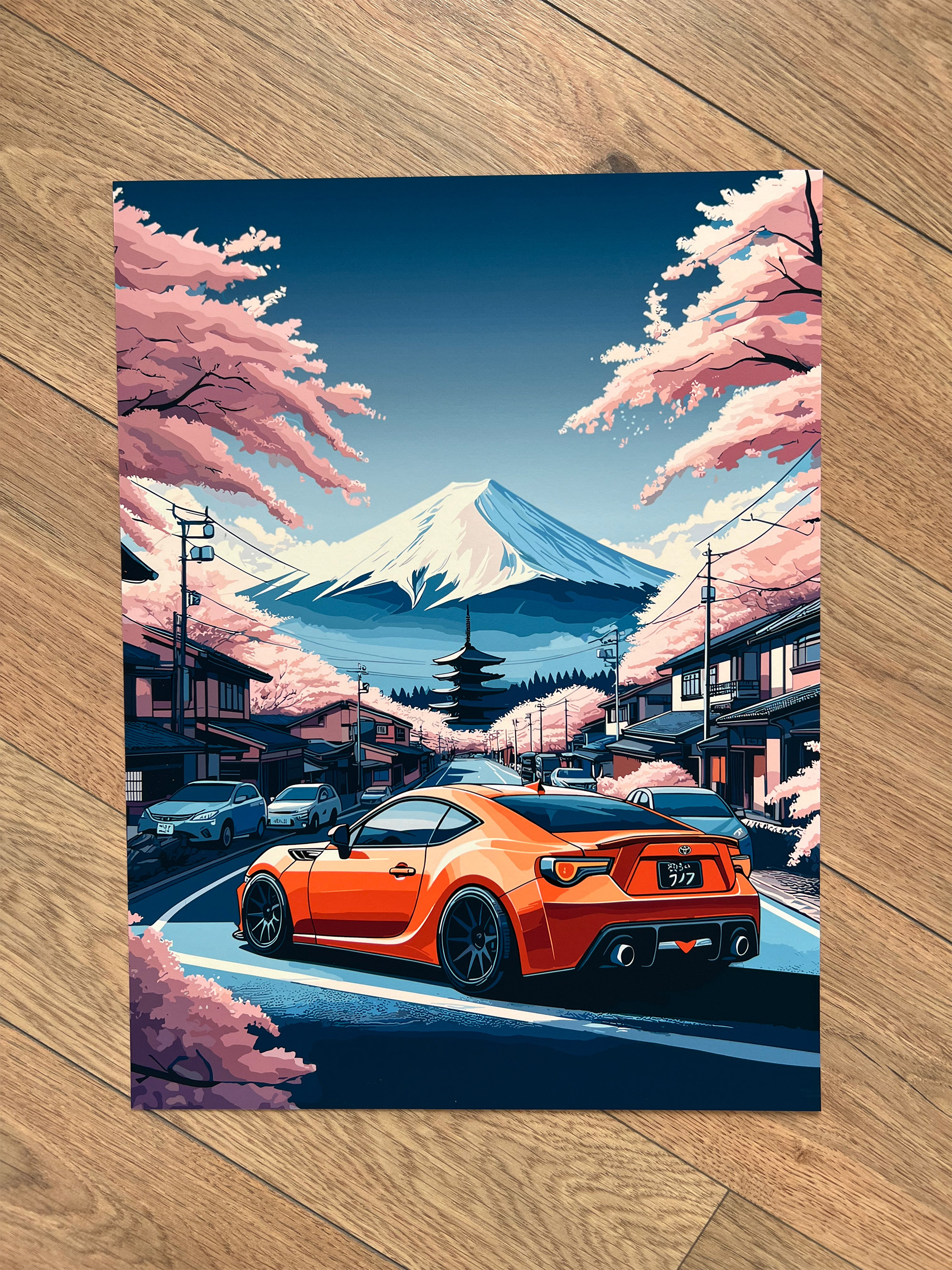 トヨタ GT86 富士山を背景にしたイラストがマットホワイト紙にプリント