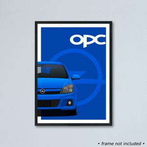 Illustrazione di auto d'arte OPC Opel Astra H stampata su carta bianca opaca - tutti i colori esterni reali con personalizzazione | Gara VXR del Nurburgring