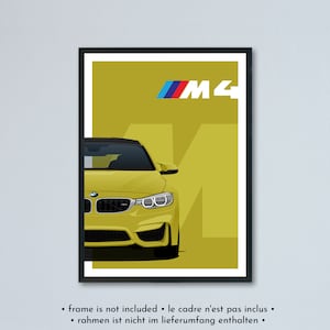 Illustrazione BMW M4 F82 e LCI + Competition e CS stampata su carta bianca opaca - tutti i colori esterni con personalizzazione | poster coupé