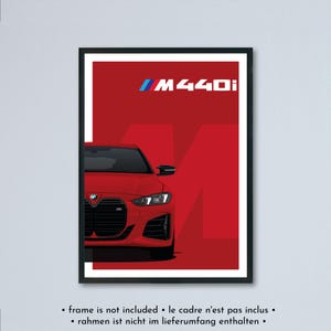 Illustrazione della BMW M440i e M440d Coupe LCI G22 stampata su carta bianca opaca - tutti i colori esterni con personalizzazione | Poster della serie 4er
