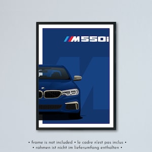 Illustrazione della BMW M550i e M550d G30 G31 Touring stampata su carta bianca opaca - tutti i colori esterni con personalizzazione | poster