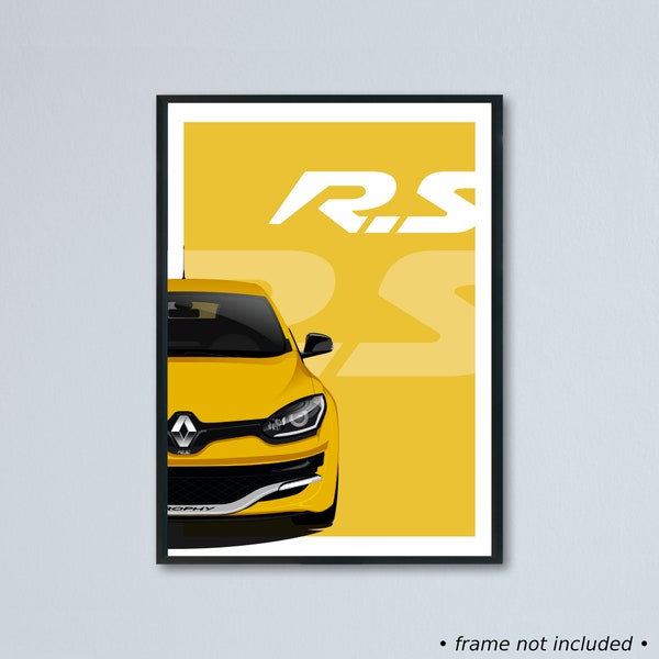 Illustration de voiture d'art Renault Megane RS mk3 phase 3 imprimée sur papier blanc mat - toutes les vraies couleurs extérieures & Trophée (-R) avec personnalisation