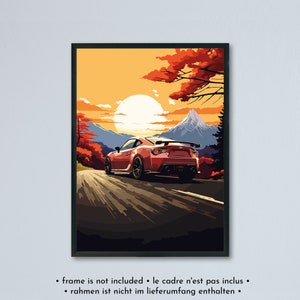 Peut inclure: Une voiture de sport rouge roule sur une route sinueuse à travers un paysage montagneux avec un coucher de soleil en arrière-plan. La voiture a un aileron noir et des roues noires. Le paysage montagneux est peint dans des tons d'orange, de jaune et de vert.