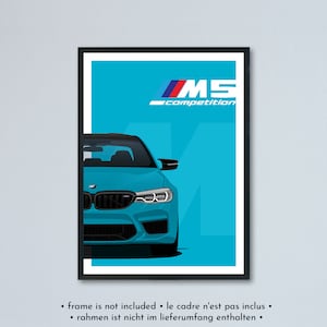 BMW M5 F90 + Illustrazione del concorso stampata su carta bianca opaca - tutti i colori esterni con personalizzazione | poster