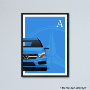 Illustrazione della Mercedes Classe A AMG-line W176 stampata su carta bianca opaca - tutti i colori esterni reali con personalizzazione | Benz A45