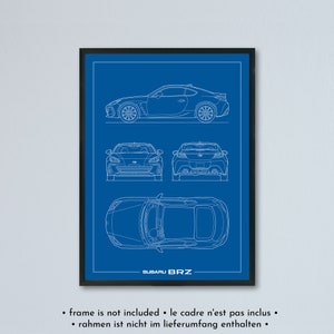 Illustrazione tecnica Subaru BRZ 2022 mk2 stampata su carta bianca opaca - 7 colori di sfondo | schizzo del progetto ZD8