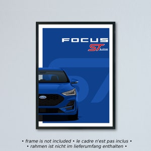 Illustrazione di auto d'arte Ford Focus ST-line restyling mk4,5 stampata su carta bianca opaca - tutti i colori esterni reali con personalizzazione | 2021
