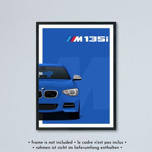Illustrazione della BMW M135i F20 e F21 stampata su carta bianca opaca: tutti i colori esterni reali con personalizzazione | Stampa poster 1 serie 1er