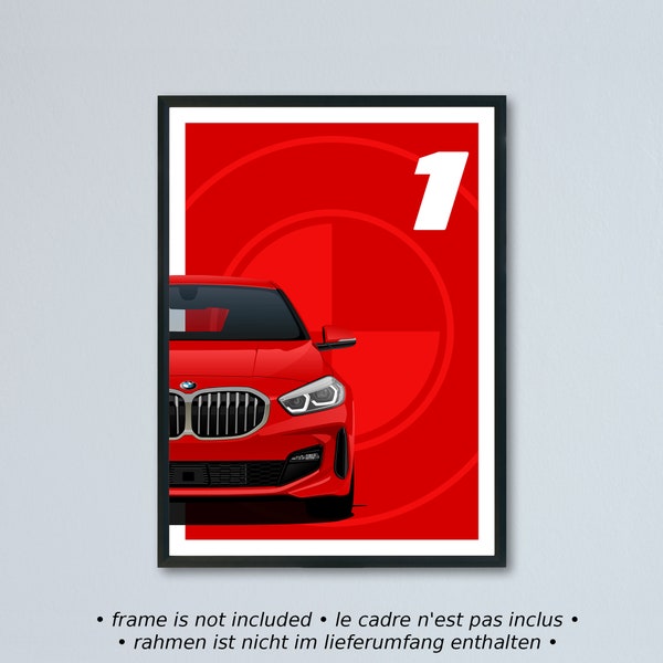 BMW 1-Series M Sport F40 illustration printed on matte white paper - all exterior colors with personalization | 1er 128ti M135i poster print