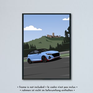 Illustrazione artistica della Hyundai i20N Nurburgring stampata su carta bianca opaca - tutti e 7 i colori esterni reali