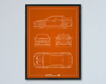 Mitsubishi Lancer Evolution X Technical Illustration Printed on