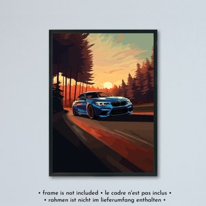 BMW M2 Competition F87 guida al tramonto - illustrazione stampata su carta bianca opaca - tutti i colori esterni | auto d'arte stampa poster