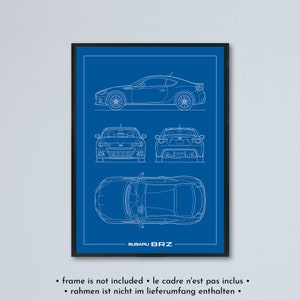Illustrazione tecnica del restyling della Subaru BRZ 2012 e 2017 stampata su carta bianca opaca - 12 colori di sfondo | schizzo del progetto ZC6