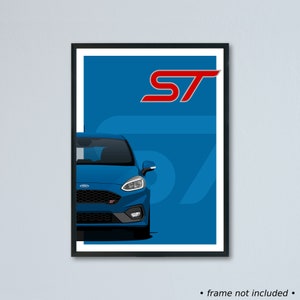 Illustrazione artistica della Ford Fiesta ST mk8 stampata su carta bianca opaca - tutti i colori esterni reali con personalizzazione | EcoBoost VIII 2017