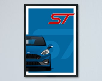 Ford Fiesta ST mk8 art car illustration printed on matte white paper - all real exterior colors with personalization | EcoBoost VIII 2017