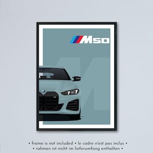 Illustrazione della BMW i4 M50 LCI G26 stampata su carta bianca opaca - tutti i colori esterni con personalizzazione | poster