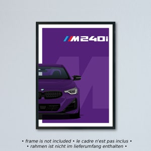 Illustrazione della BMW M240i Coupé G42 stampata su carta bianca opaca - tutti i colori esterni con personalizzazione | Stampa poster 2 serie 2er