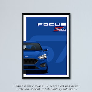 Illustrazione di auto d'arte Ford Focus ST-line mk4 stampata su carta bianca opaca - tutti i colori esterni reali con personalizzazione | Aprile 2019