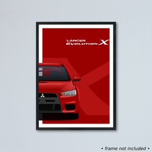 Illustrazione della Mitsubishi Lancer Evolution X stampata su carta bianca opaca - tutti i colori esterni reali con personalizzazione | Evo 10 GSR MR