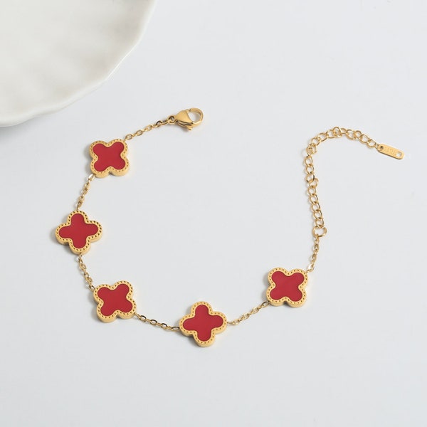 Red Mother of Pearl Four Leaf Clover Bracelet | Lucky Clover Charm Bracelet | 18K Gold Plated Clover Bracelet | Summer Van Cleef Bracelet