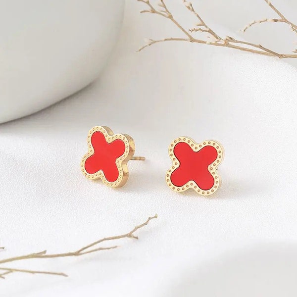 Red Four Leaf Clover Stud Earrings | Lucky Clover | Mother of Pearl Clover Earrings | 18K Gold Plated Dainty Earrings | Van Cleef Earrings