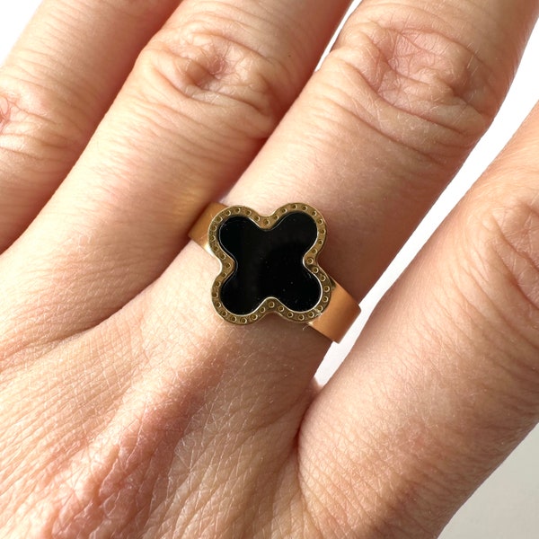 Black Van Cleef Gold Ring | Adjustable Clover Gold Ring | Vintage Gold Ring | Four Leaf Clover Statement Ring | Stackable Gold Ring